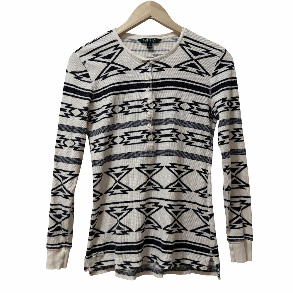 Lauren Ralph Lauren Womens  Waffle Knit Henley Thermal Top Size‎ M Southwestern